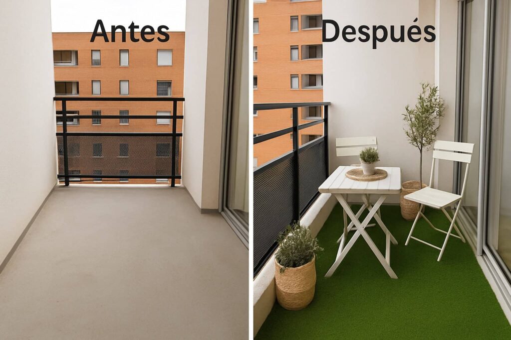 Terraza pequeña con césped artificial