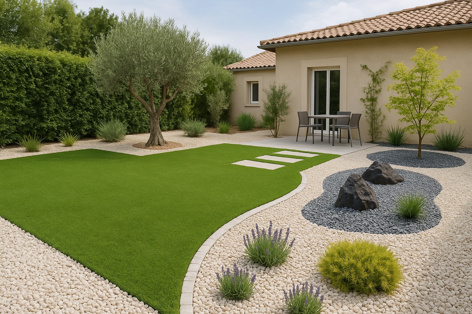 Ideas para jardines con grava y césped artificial