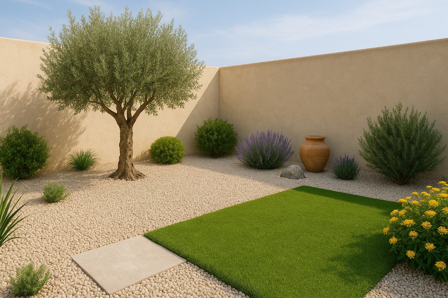 Jardín mediterráneo con césped sintético