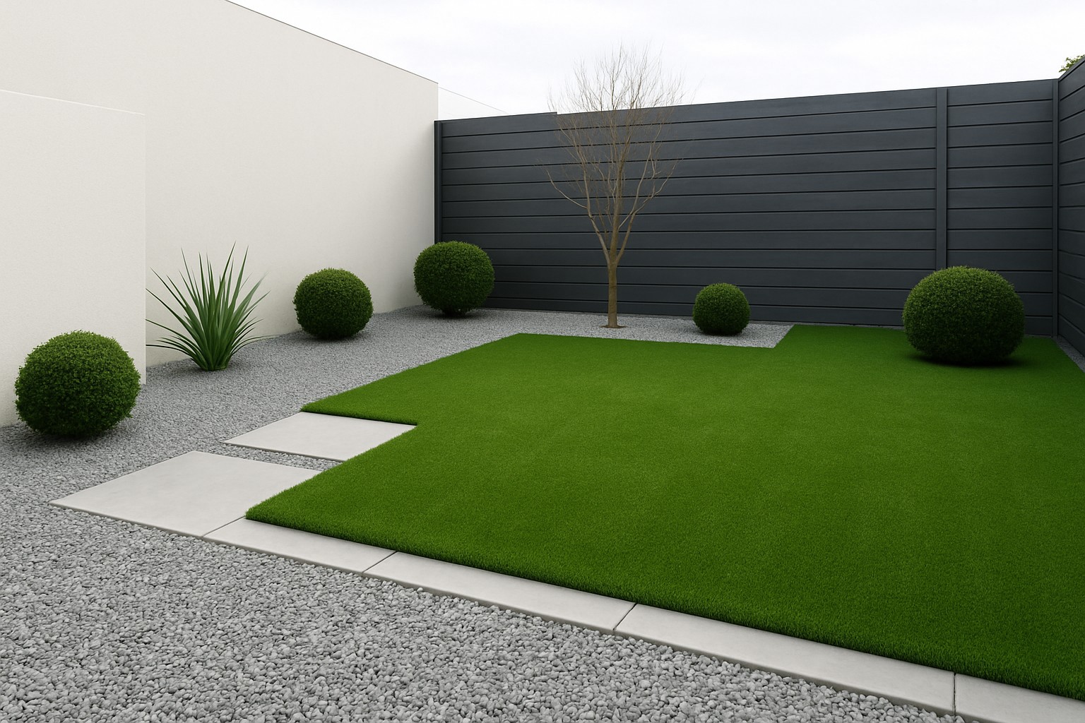 Jardín minimalista con grava y césped artificial