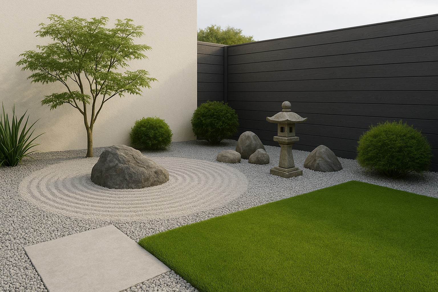 Jardín zen con grava y césped artificial